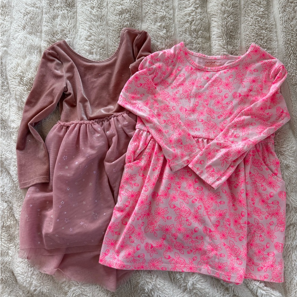 Cat & Jack Pink and Mauve Long Sleeve Dresse Bundle 4/5T